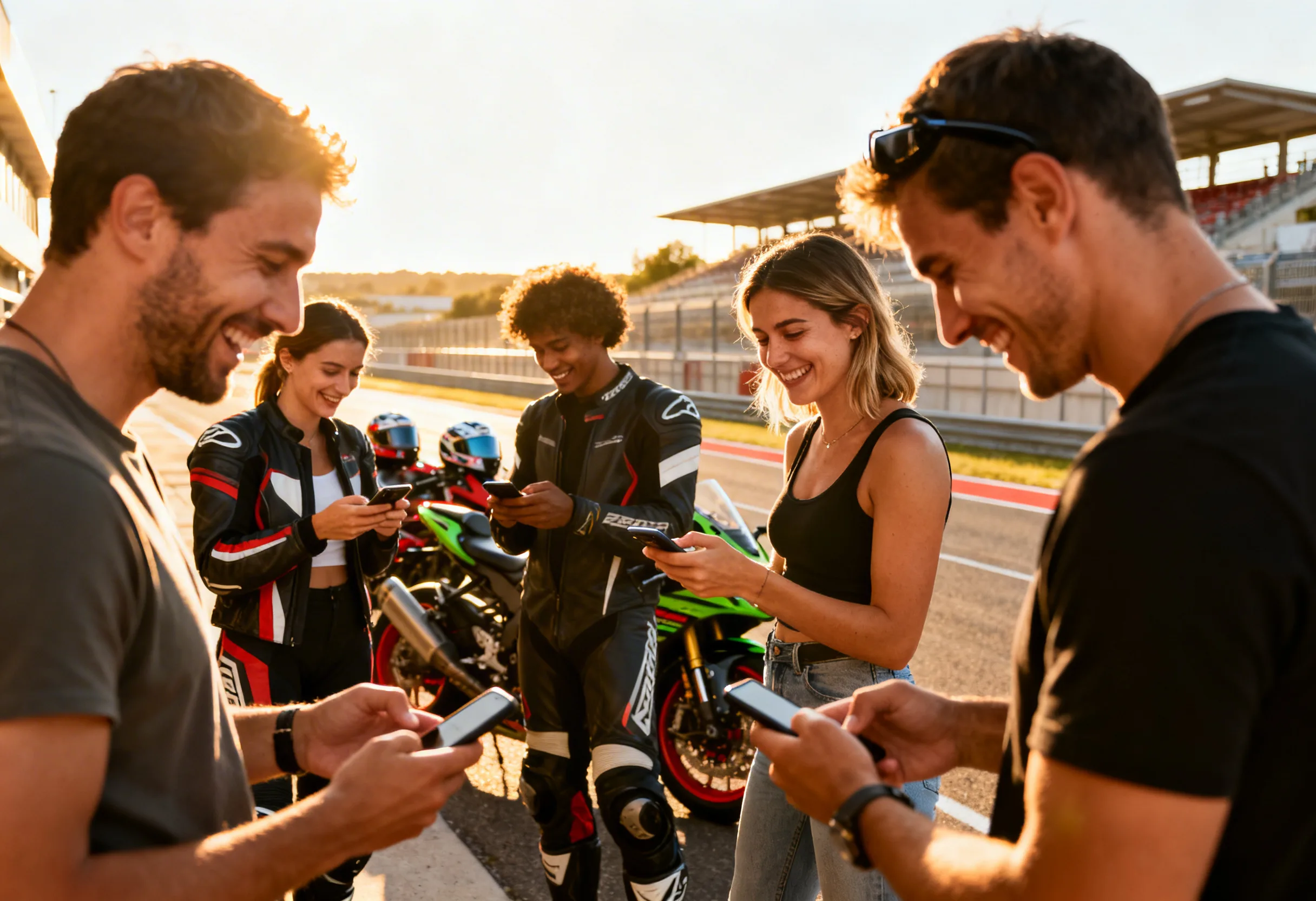 Pilotes en stand comparant leurs temps sur smartphone