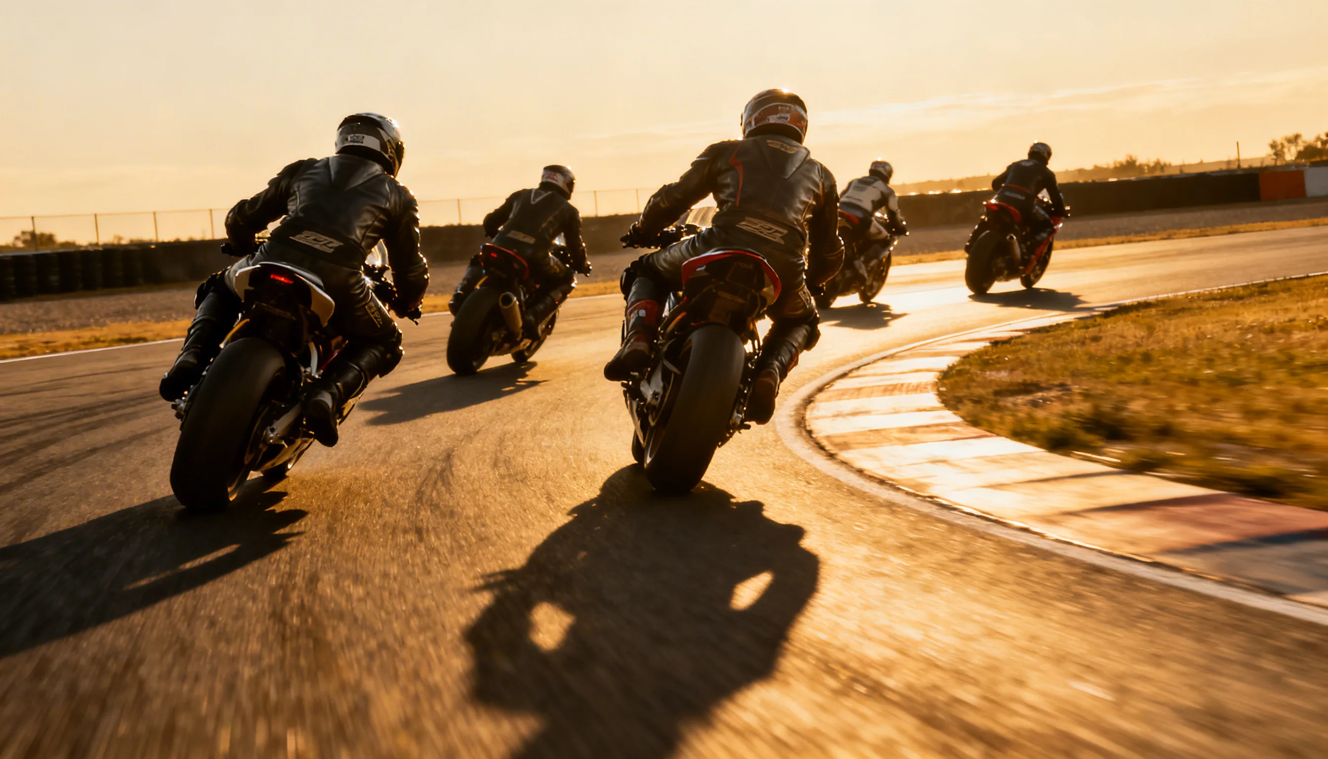 Groupe de motards en piste au coucher du soleil