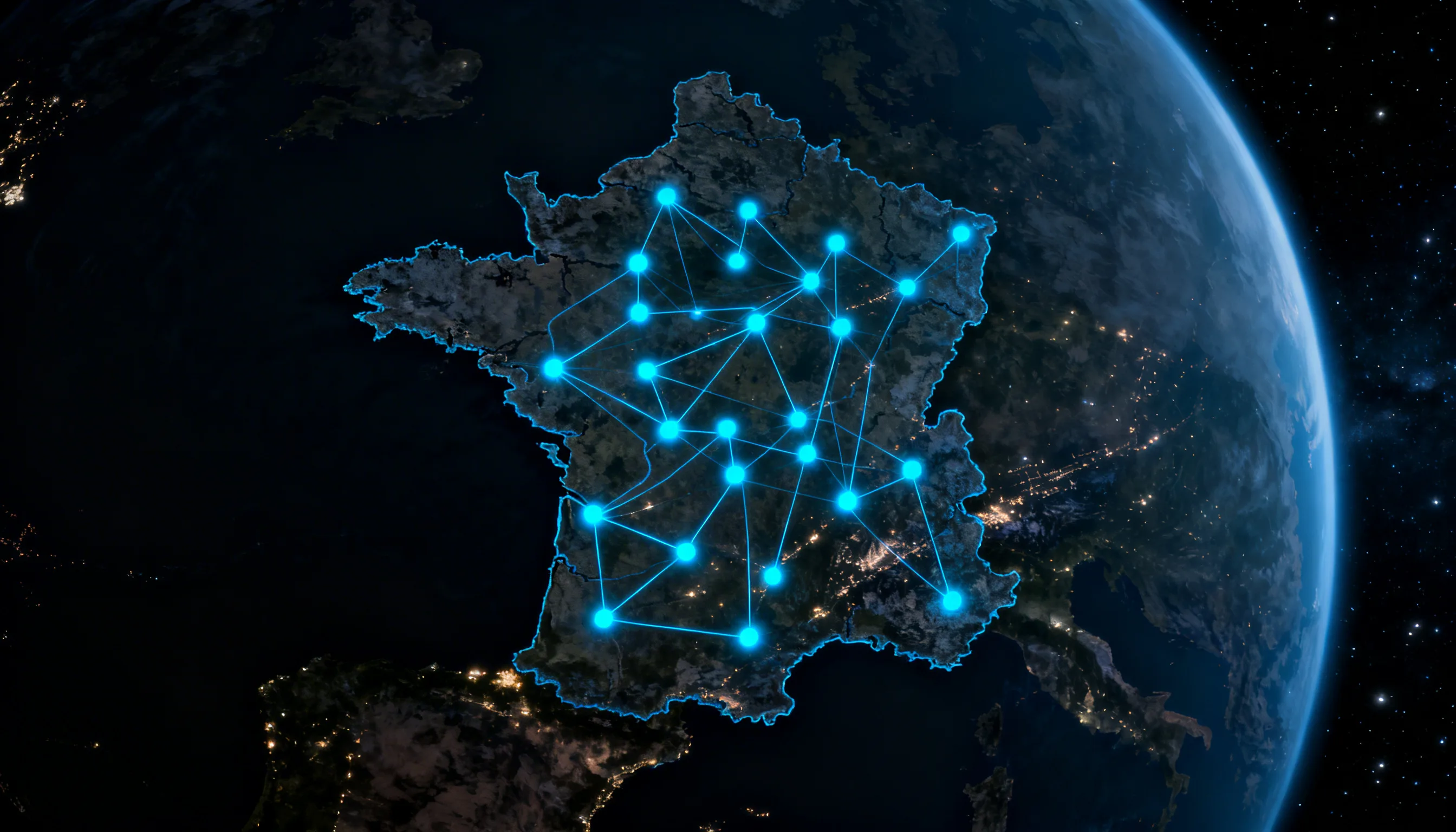 Vue sub-orbitale de la France avec le réseau de circuits connectés
