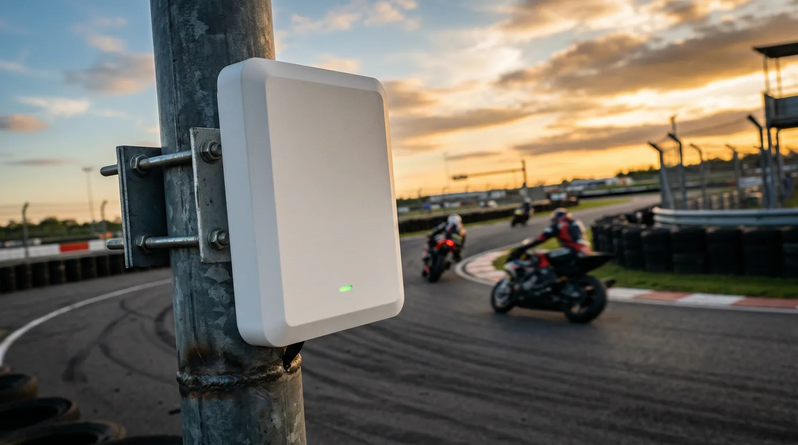 Lecteur RFID UHF monté sur poteau au bord d'un circuit moto